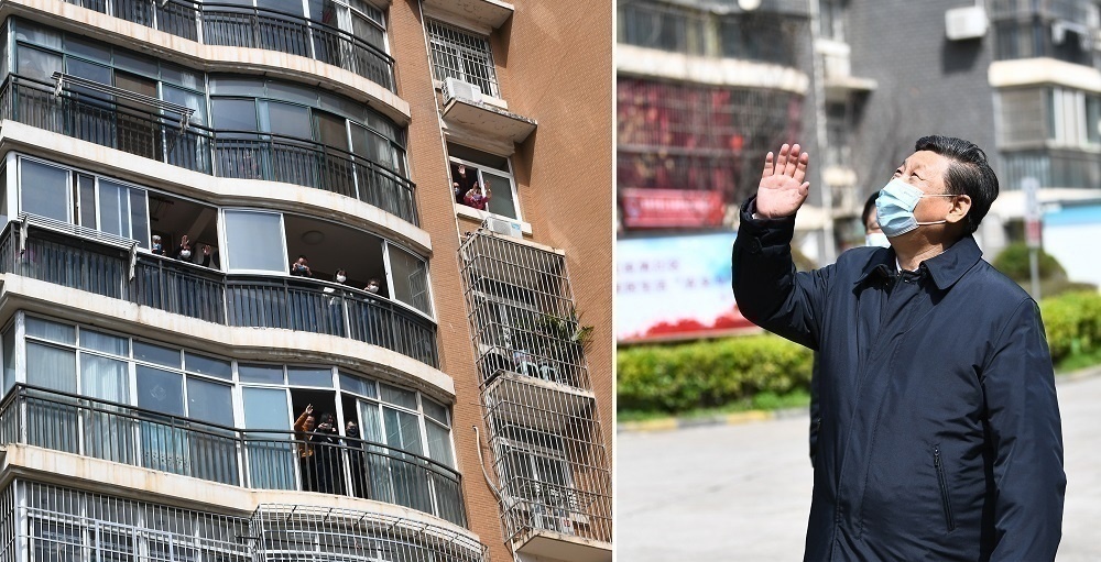 3月10日，習(xí)近平在東湖新城社區(qū)考察時，向在家隔離居住的居民揮手致意、表示慰問。（圖片來源 人民日報）