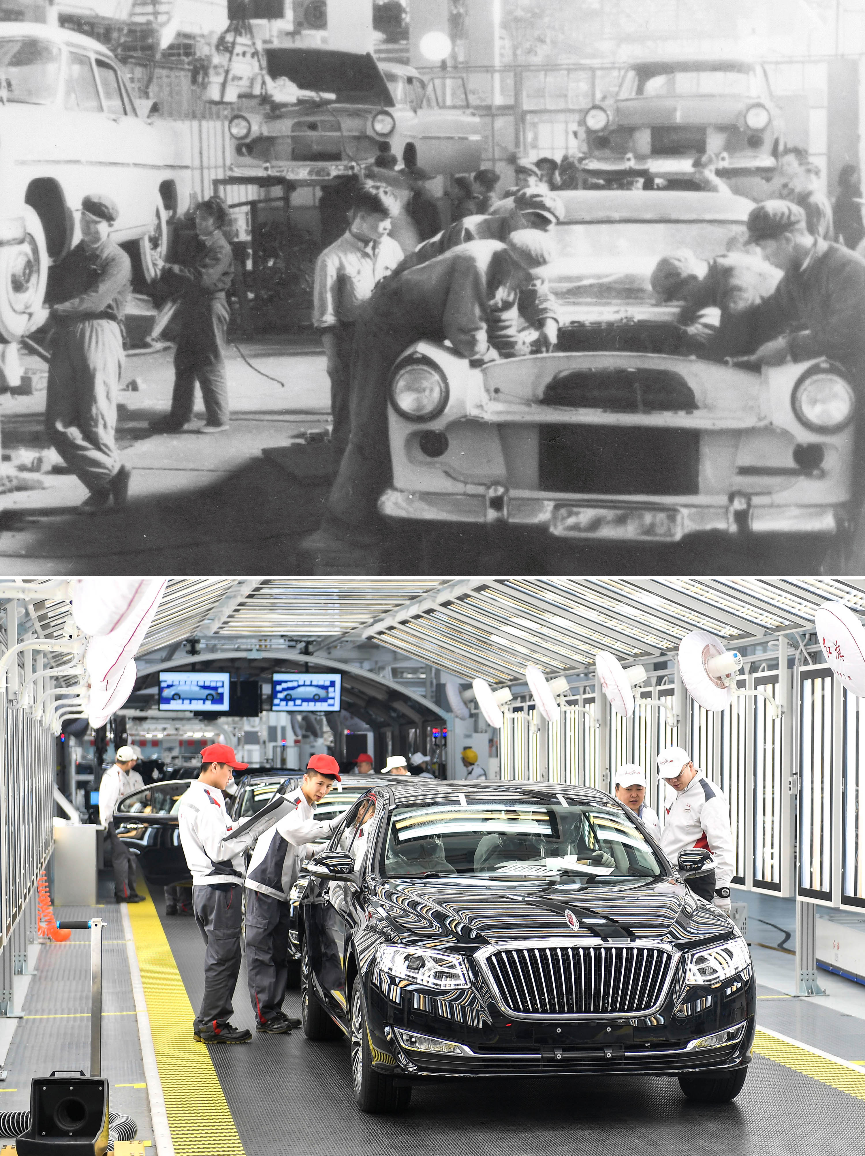 拼版照片：上圖為1958年拍攝的第一汽車制造廠（資料照片）。這里生產(chǎn)了第一批紅旗轎車；下圖為2019年4月9日，在一汽紅旗總裝車間內(nèi)，職工在對(duì)生產(chǎn)的紅旗轎車進(jìn)行靜檢作業(yè)。